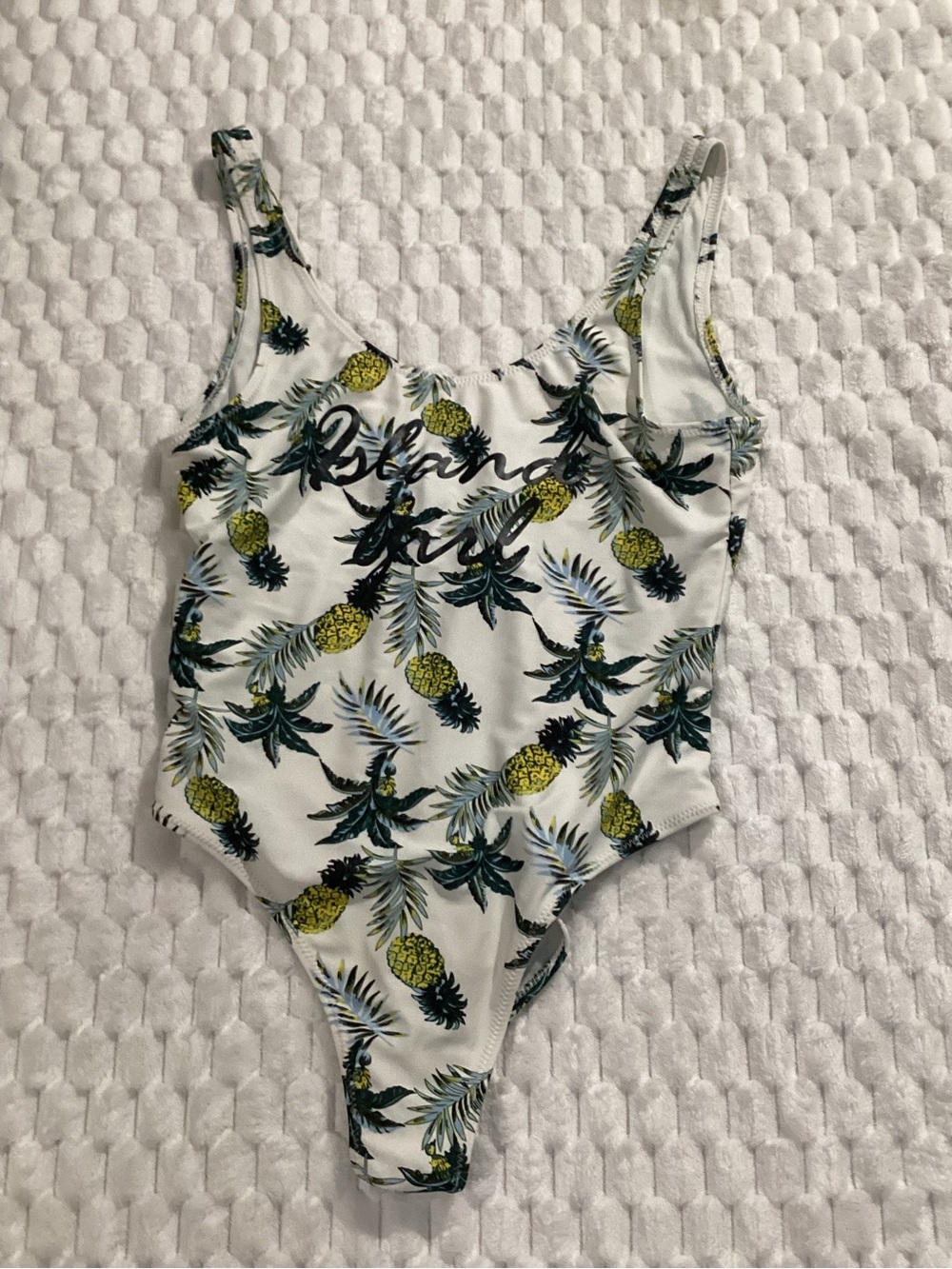 Revamped White Swim One-Piece with Yellow Pineapple and Green Leaf Print